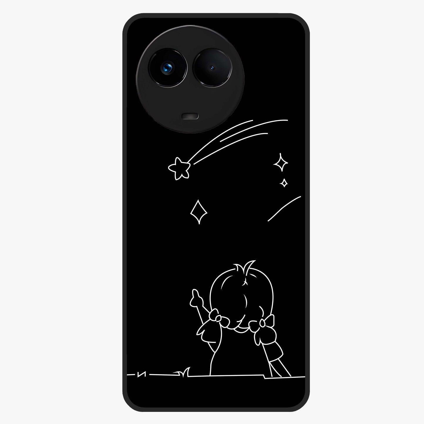 Line Art Girl With Shooting Stars Glass Case showing flat back view with minimal line art girl and shooting stars illustration and glossy glass finish.