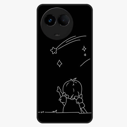 Line Art Girl With Shooting Stars Glass Case showing flat back view with minimal line art girl and shooting stars illustration and glossy glass finish.