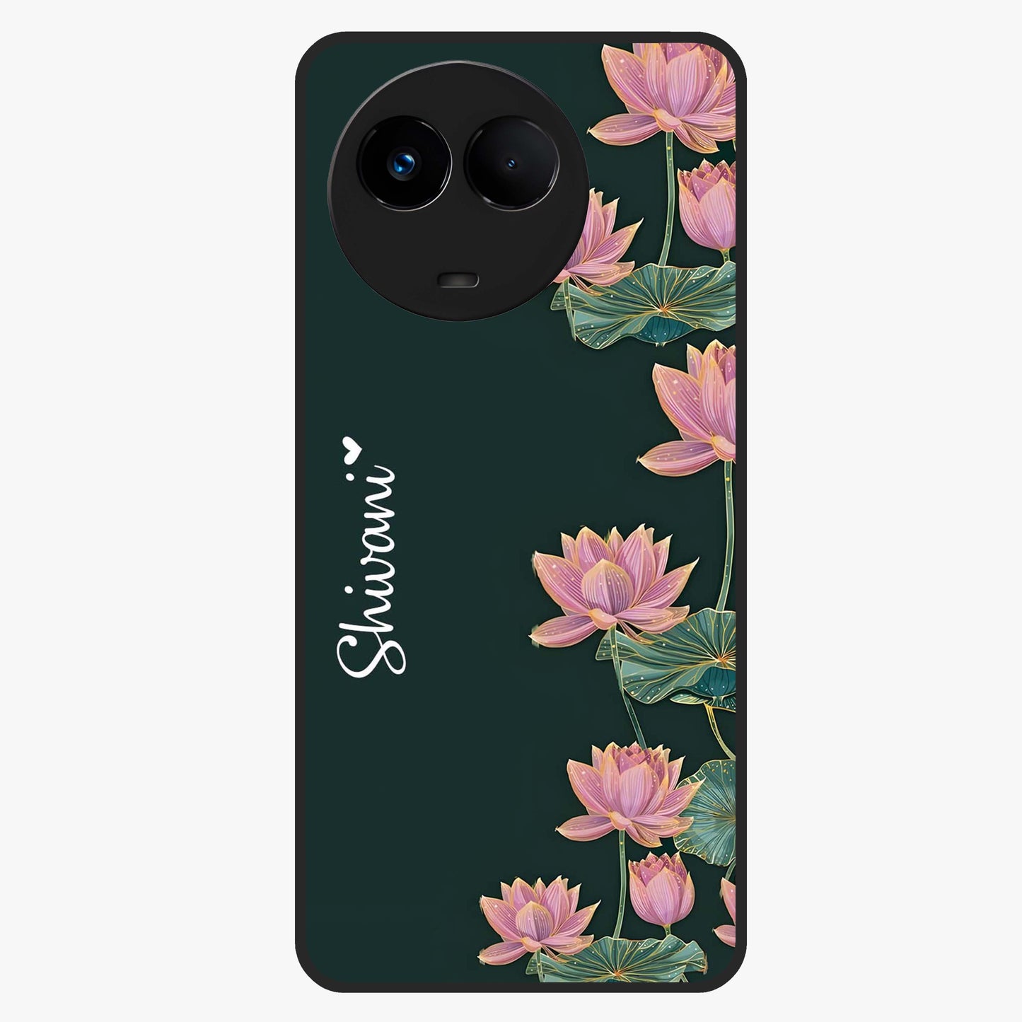Lotus Bloom Serenity Custom Name Glass Case showing flat back view with elegant lotus flower artwork and personalized name design.