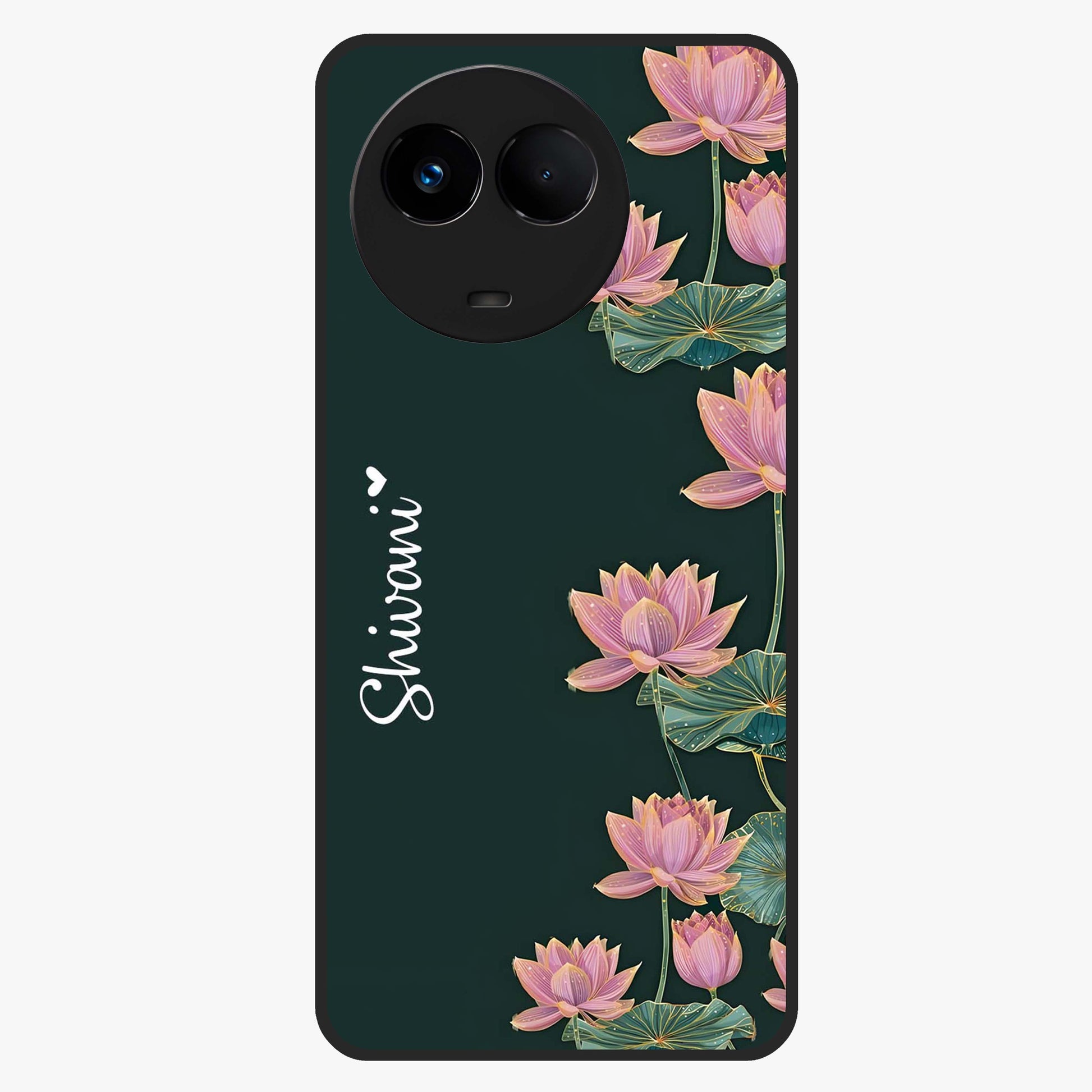 Lotus Bloom Serenity Custom Name Glass Case showing flat back view with elegant lotus flower artwork and personalized name design.