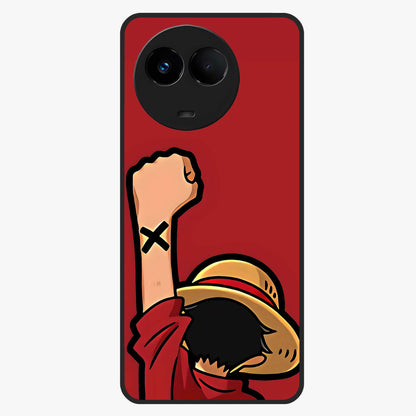 Luffy X Spirit Glass Case showing flat back view with bold anime character artwork and glossy glass finish.