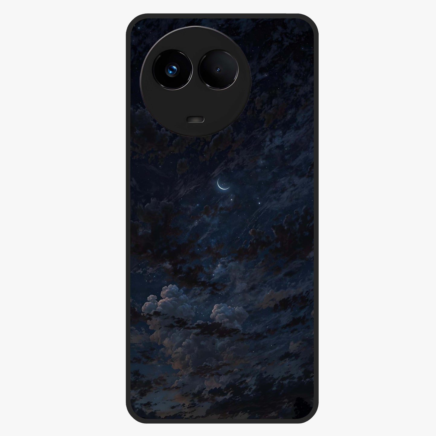 Lunar Veil Silence Glass Case showing flat back view with mystical moon veil artwork and glossy glass finish.