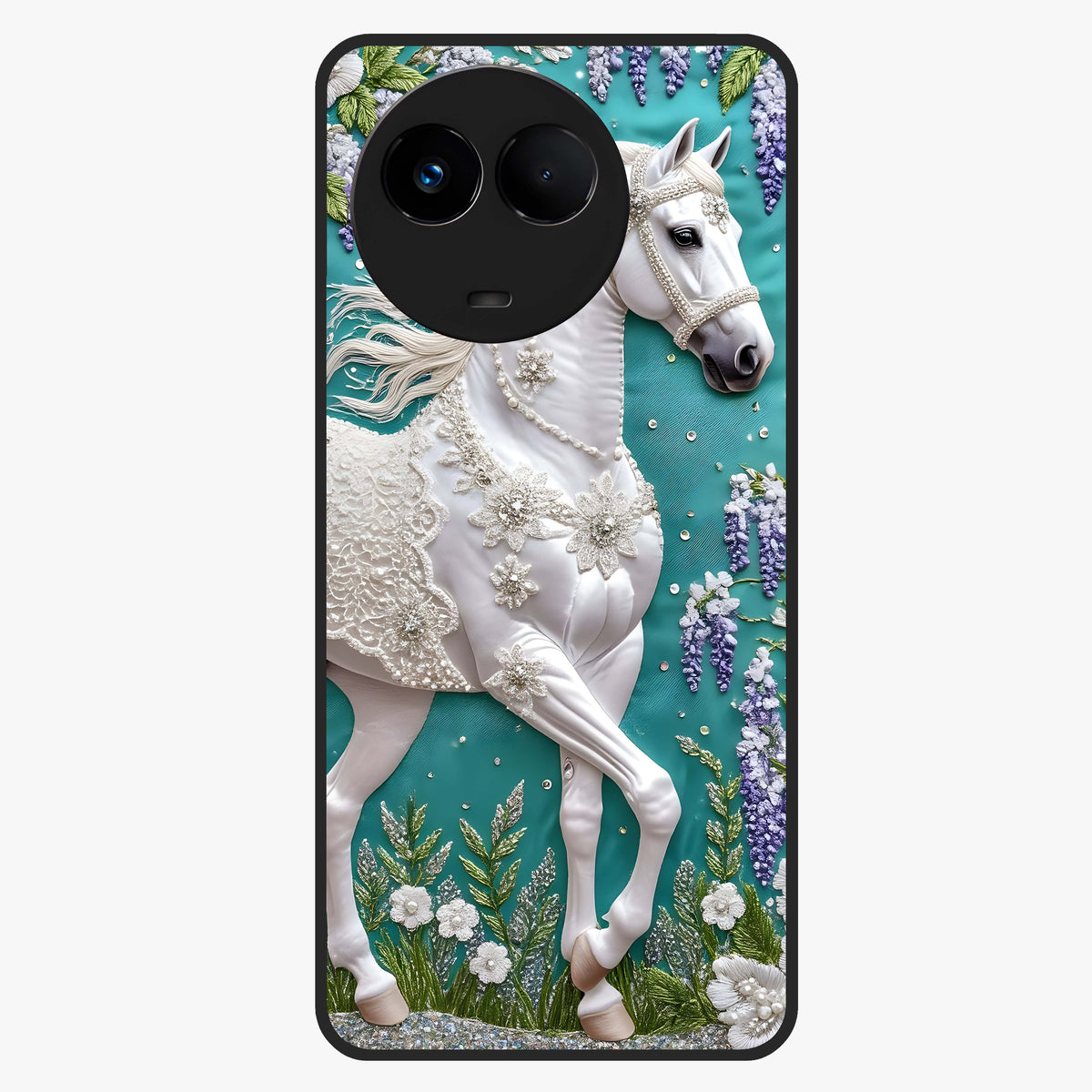 Majestic Floral Stallion Glass Case showing flat back view with powerful horse and floral artwork and glossy glass finish.