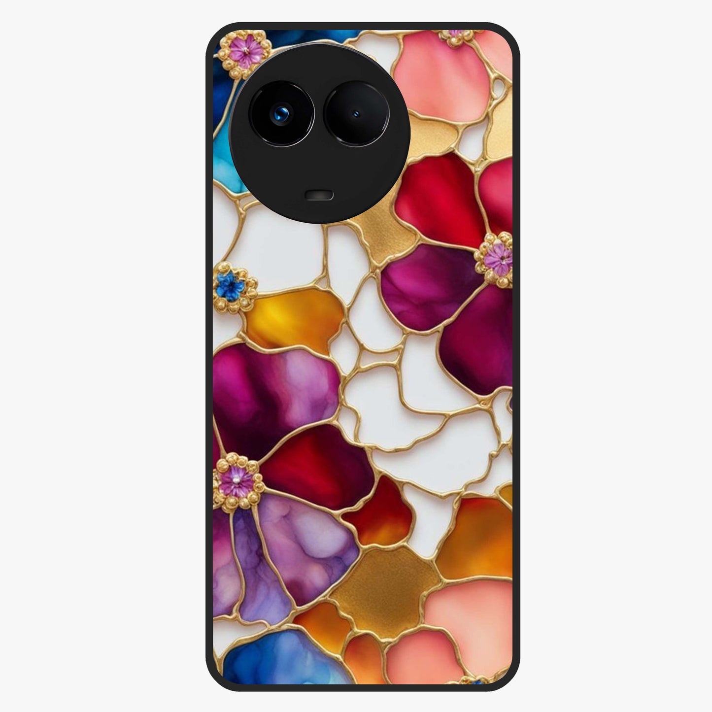 Marble Flower Pattern Glass Case showing flat back view with marble texture floral artwork and glossy glass finish.