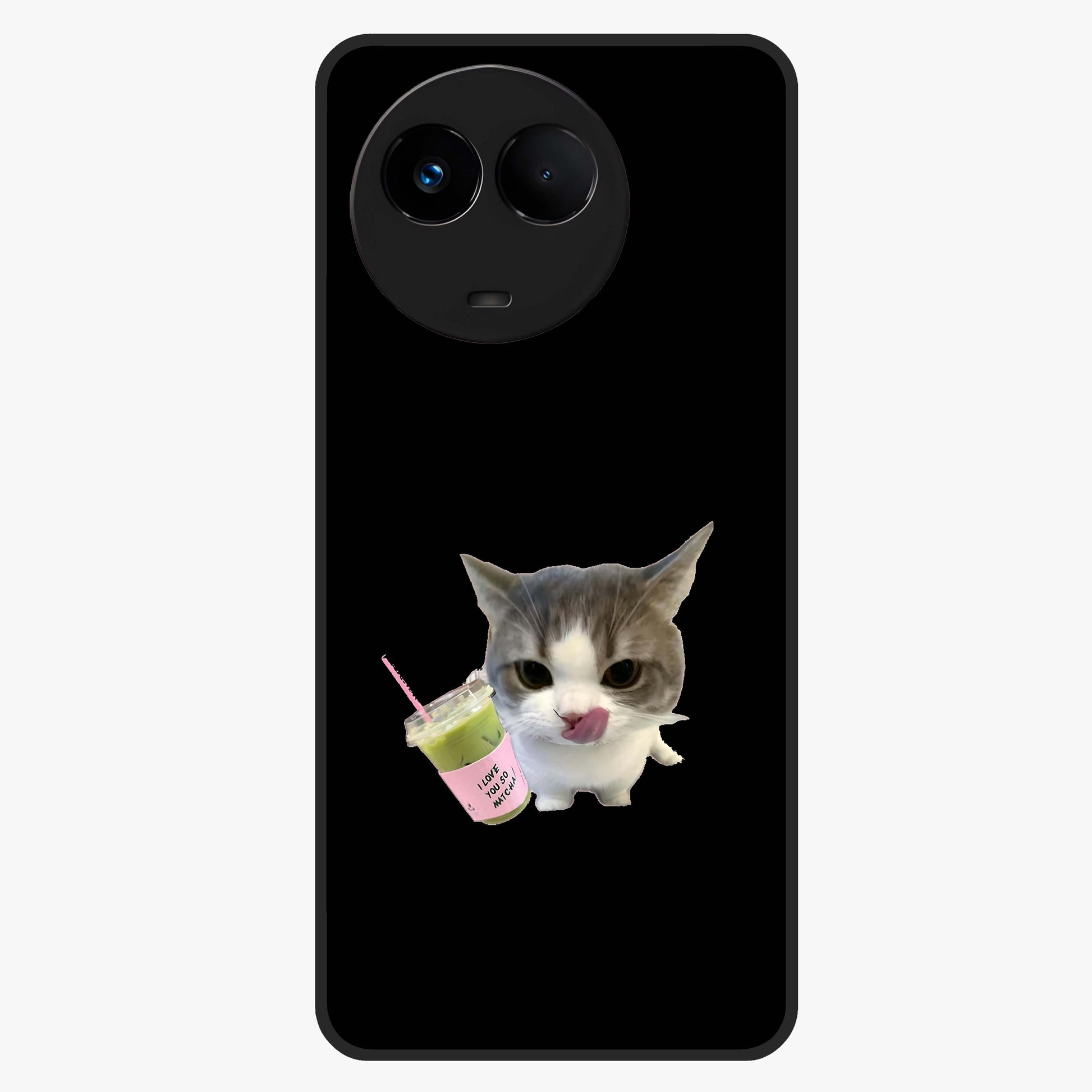Matcha Cat Style Glass Case showing flat back view with cute matcha themed cat artwork and glossy glass finish.