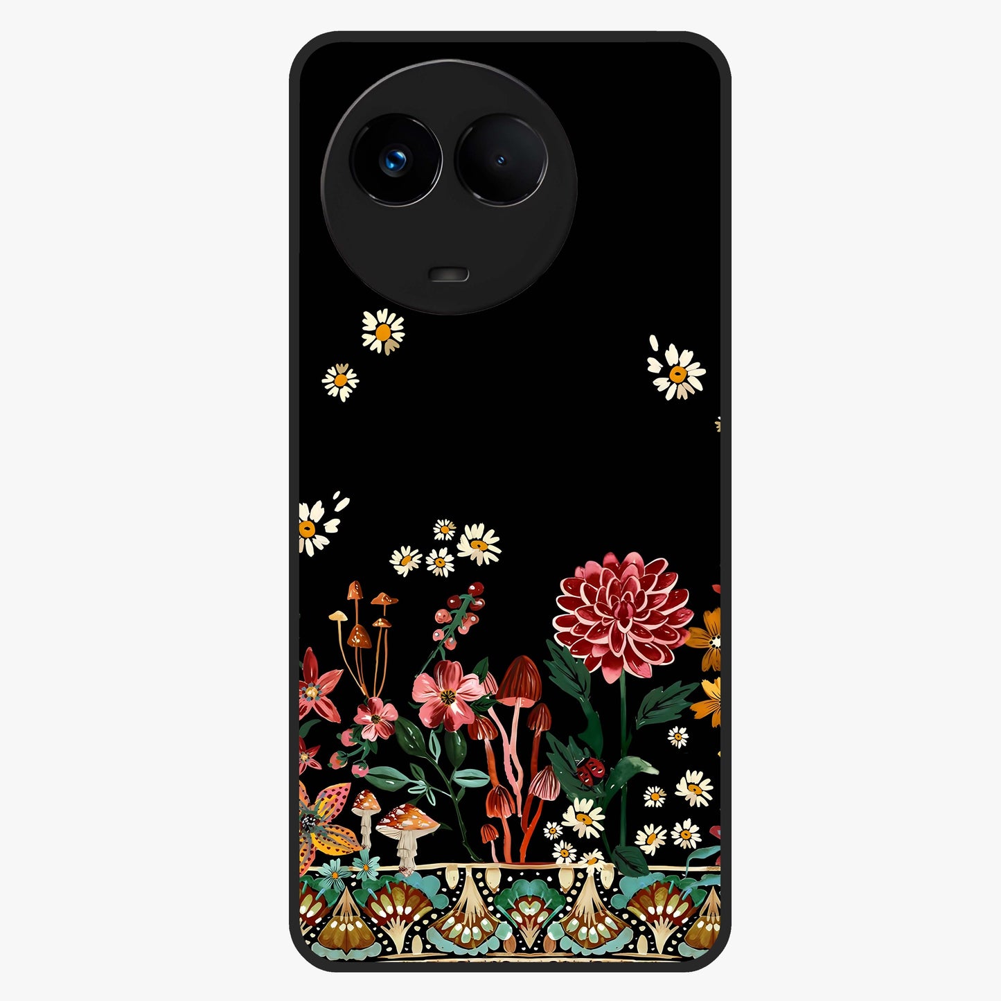 Midnight Bloom Pattern Glass Case showing flat back view with dark floral pattern artwork and glossy glass finish.