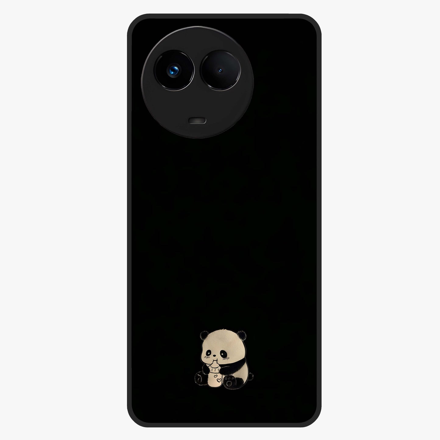 Midnight Panda Love Glass Case showing flat back view with cute panda themed artwork and glossy glass finish.