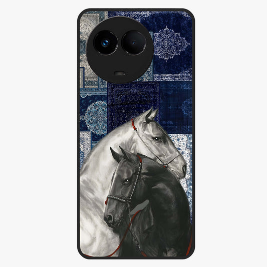 Midnight Stallion Blues Glass Case showing flat back view with majestic horse artwork and glossy glass finish.