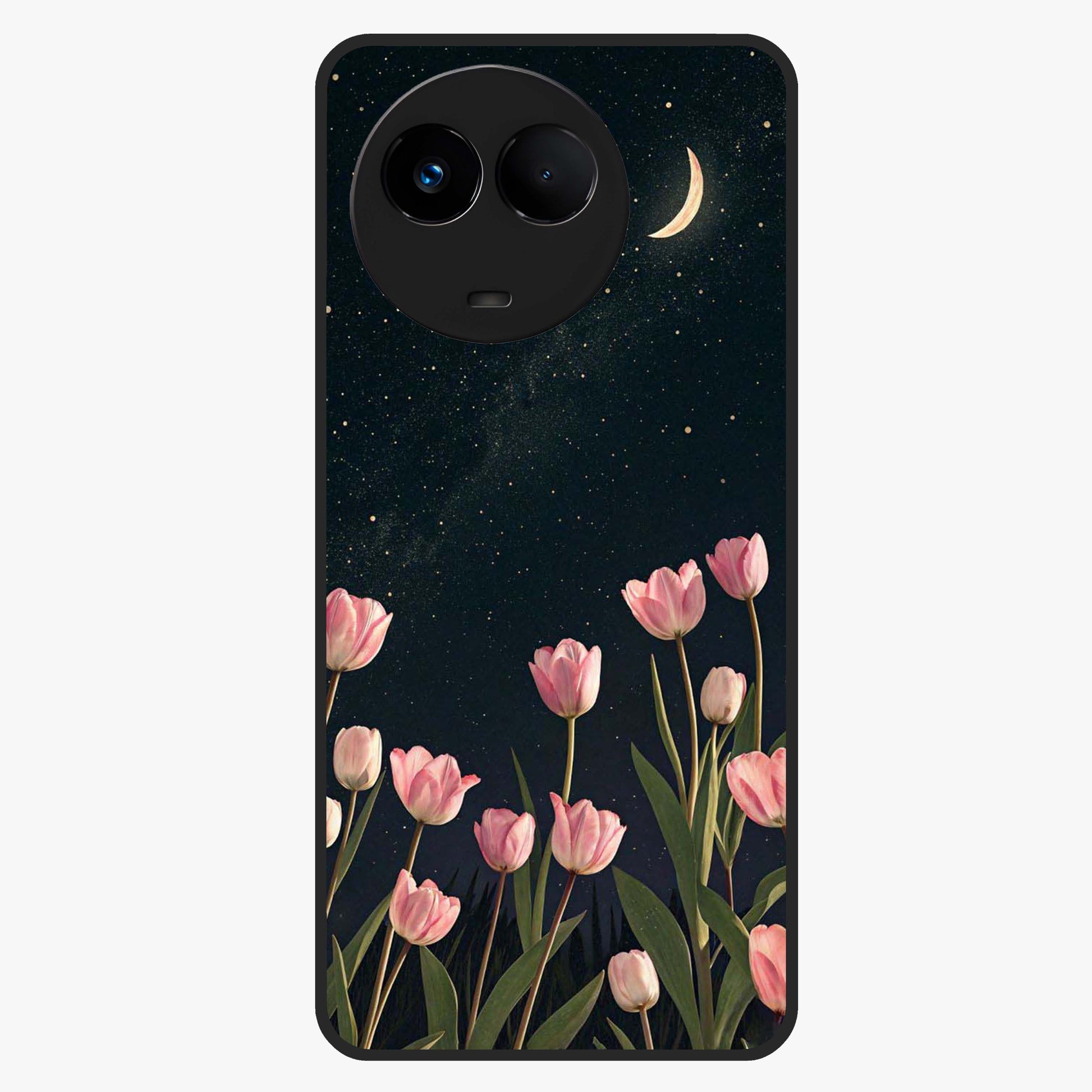 Midnight Tulip Whispers Vibe Glass Case showing flat back view with elegant tulip flower artwork and glossy glass finish.