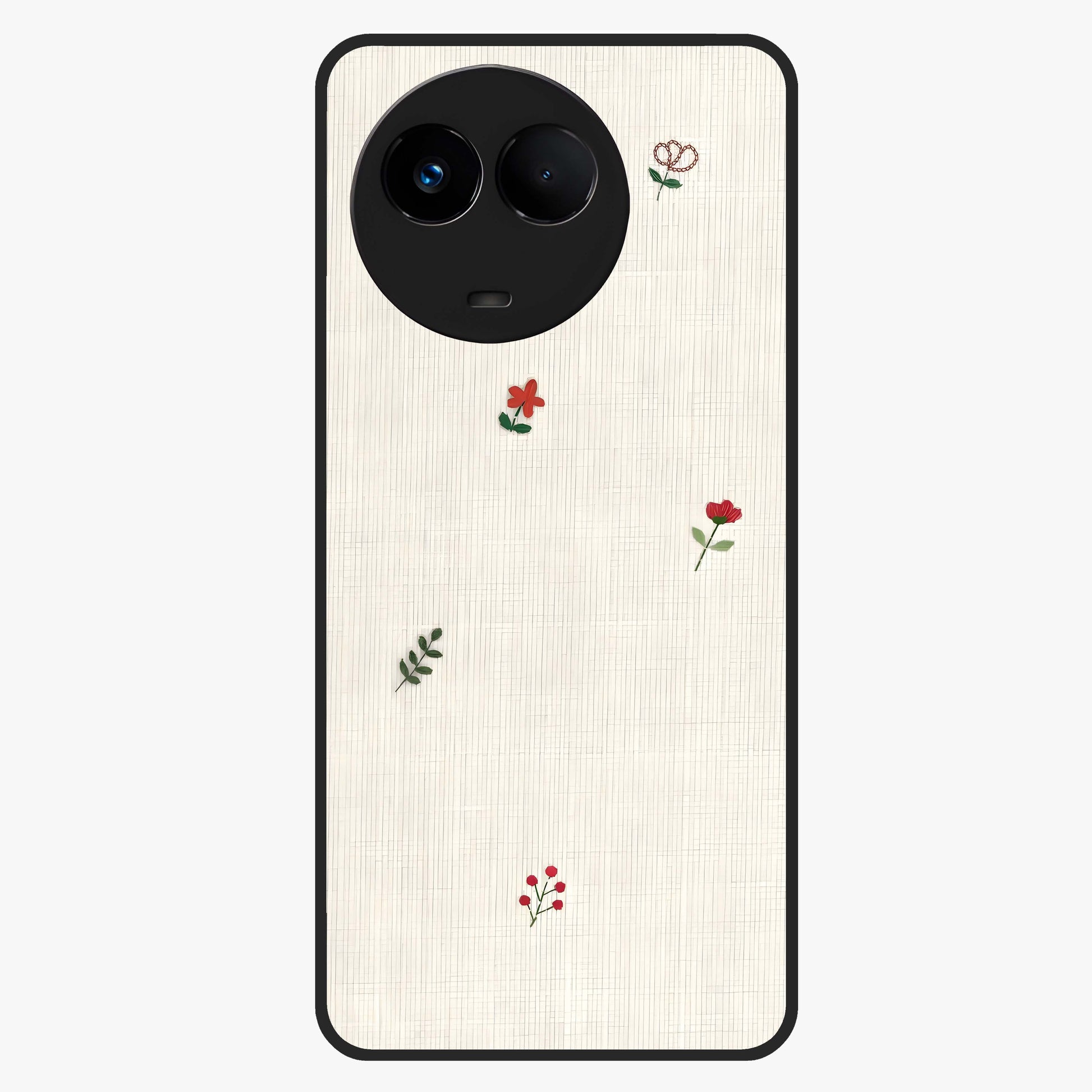 Minimal Petal Whispers Glass Case showing flat back view with soft minimal floral artwork and glossy glass finish.