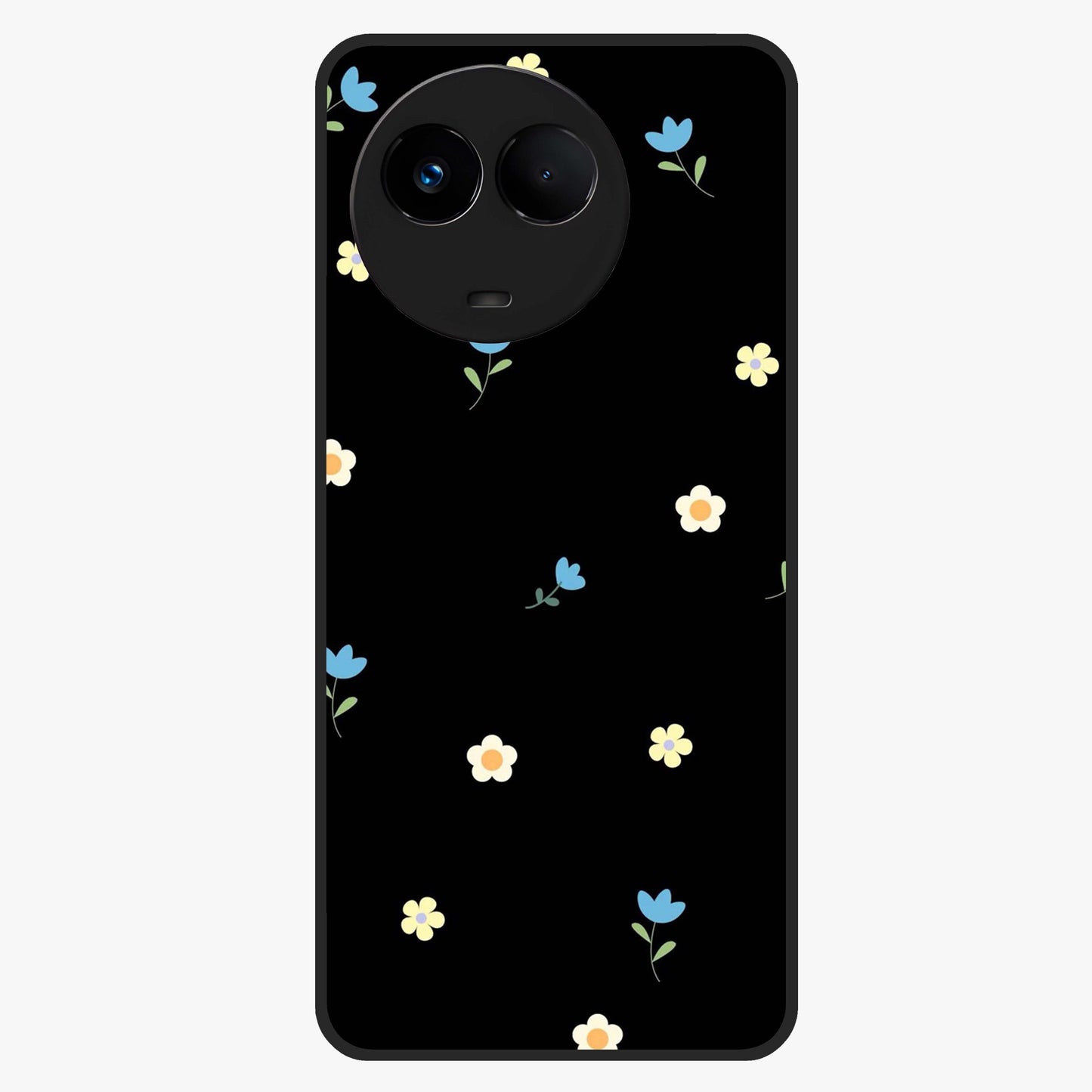 Minimalistic Blue With White Flower Pattern Glass Case showing flat back view with blue background and white flower pattern and glossy glass finish.
