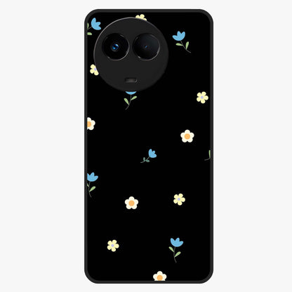 Minimalistic Blue With White Flower Pattern Glass Case showing flat back view with blue background and white flower pattern and glossy glass finish.