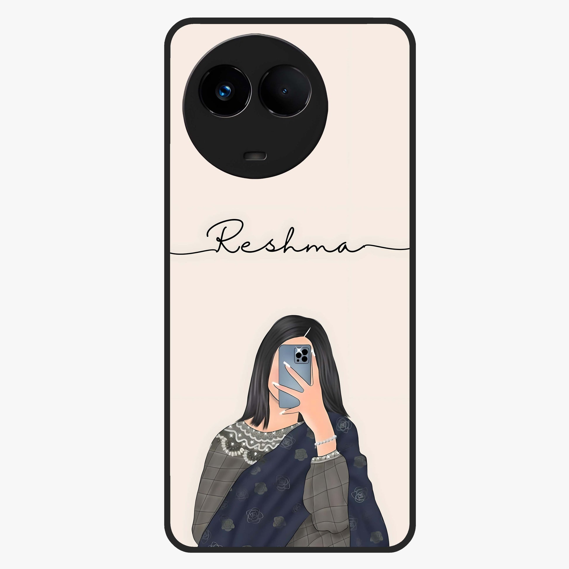 Mirror Mood Muse With Custom Name Glass Case showing flat back view with stylish mirrored artwork and personalized name design.
