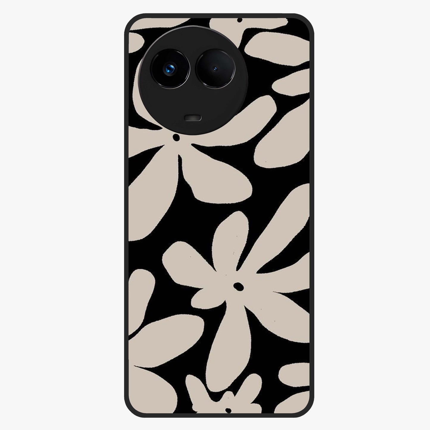 Monochrome Petal Dance Glass Case showing flat back view with monochrome floral artwork and glossy glass finish.
