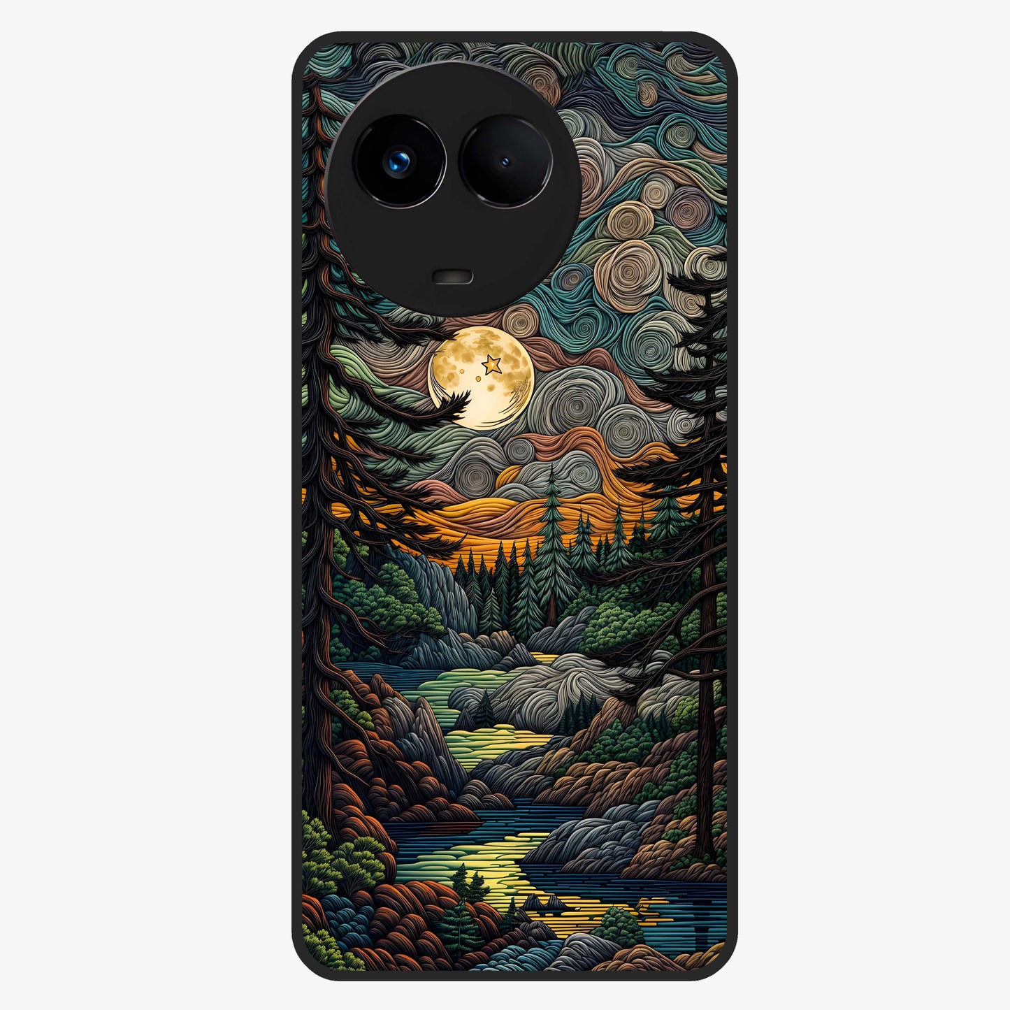 Moonlight Forest Dream Glass Case showing flat back view with mystical forest moonlight artwork and glossy glass finish.