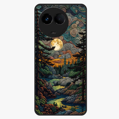 Moonlight Forest Dream Glass Case showing flat back view with mystical forest moonlight artwork and glossy glass finish.