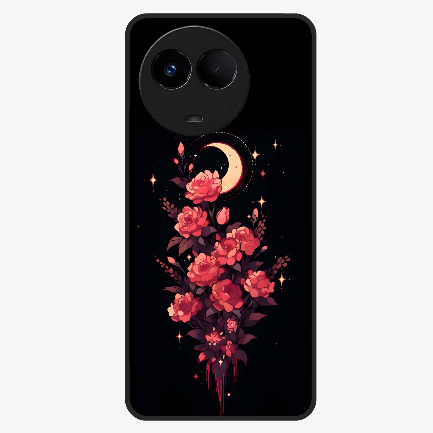 Moonlit Floral Elegance Glass Case showing flat back view with elegant floral artwork under moonlit tones and glossy glass finish.