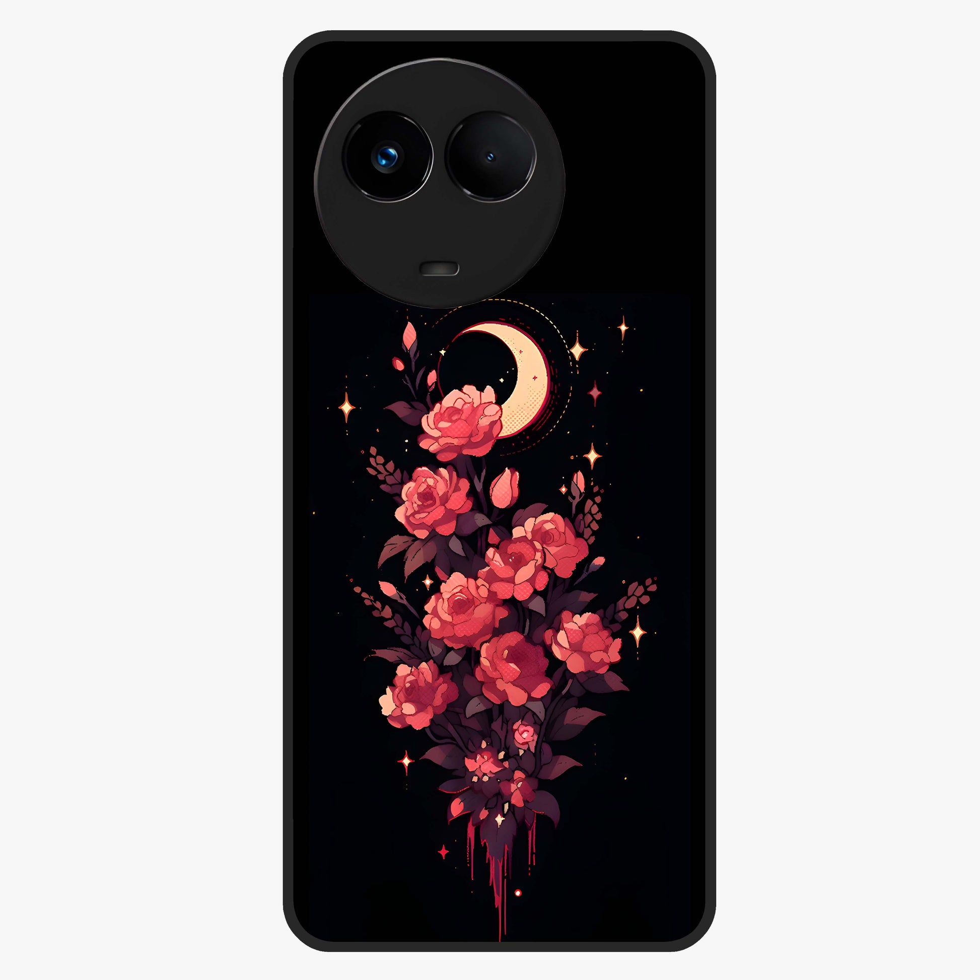Moonlit Floral Elegance Glass Case showing flat back view with elegant floral artwork under moonlit tones and glossy glass finish.