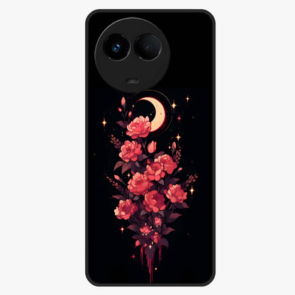 Moonlit Floral Elegance Glass Case showing flat back view with elegant floral artwork under moonlit tones and glossy glass finish.