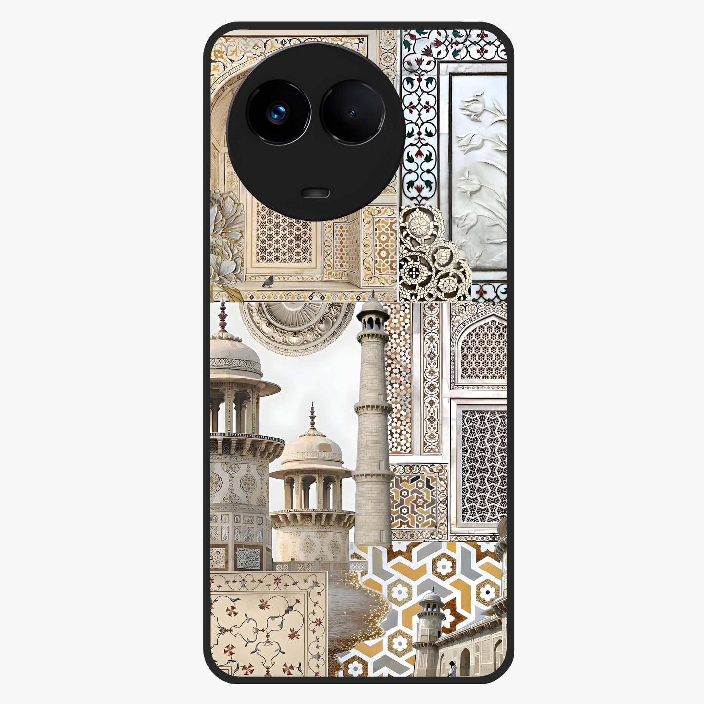 Mughal Marble Legacy Glass Case showing flat back view with intricate Mughal inspired marble pattern and glossy glass finish.