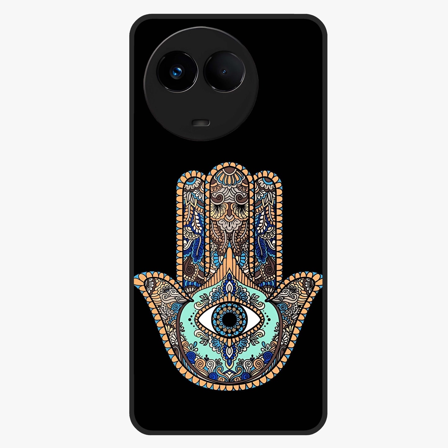 Mystic Hamsa Eye Glass Case showing flat back view with protective hamsa hand and evil eye artwork and glossy glass finish.