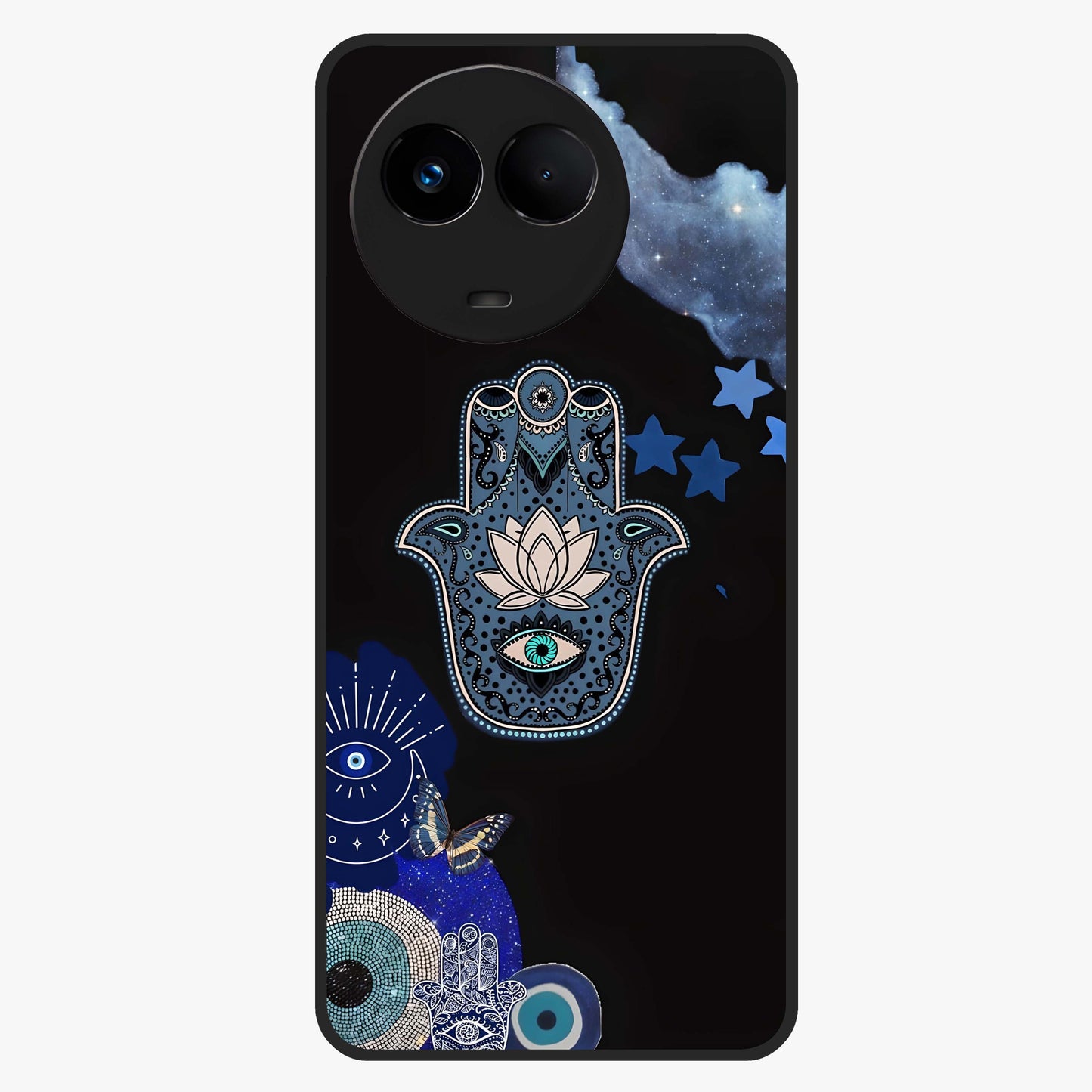 Mystic Hand Aura Glass Case showing flat back view with mystical hand symbol artwork and glossy glass finish.