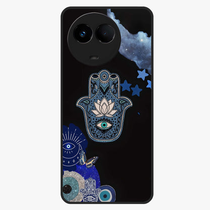 Mystic Hand Aura Glass Case showing flat back view with mystical hand symbol artwork and glossy glass finish.