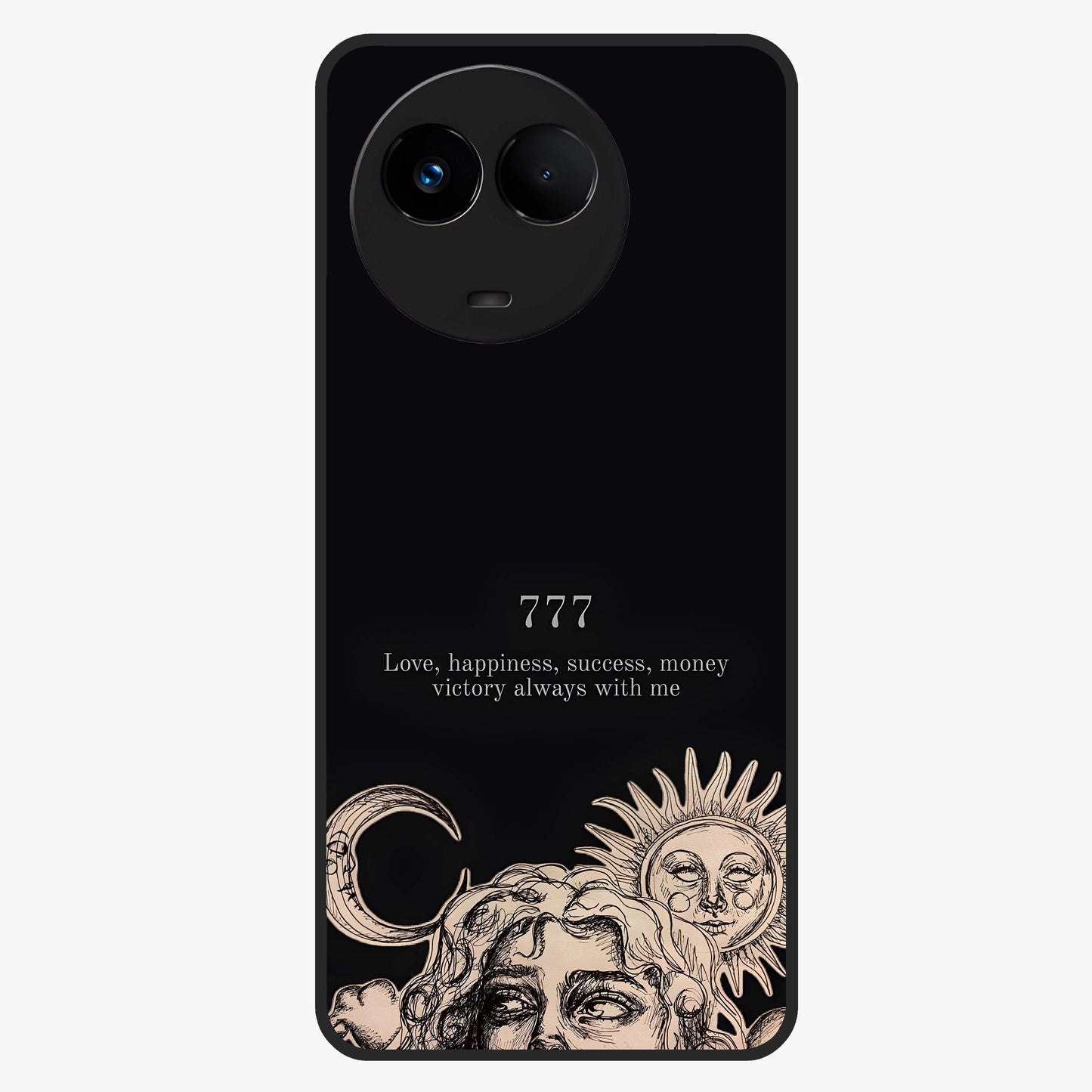 Mystic Victory Aura Glass Case showing flat back view with victory symbol artwork and glossy glass finish.