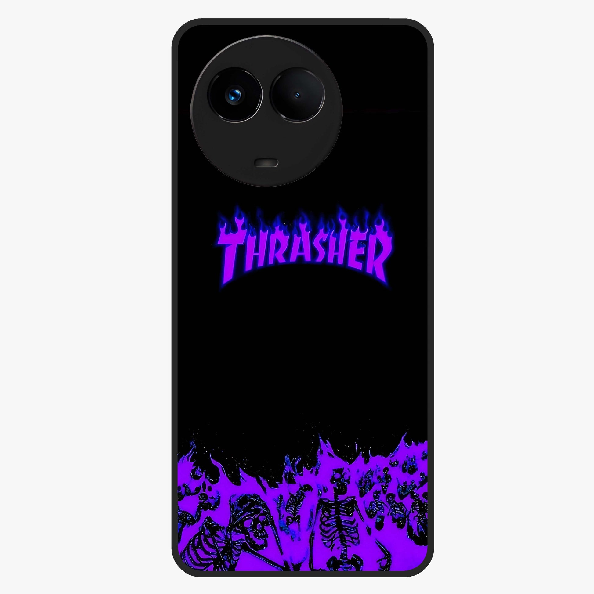 Neon Flame Riot Glass Case showing flat back view with neon flame artwork and glossy glass finish.