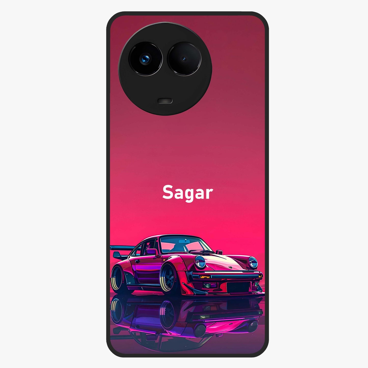 Neon Pink Porsche Glass Case showing flat back view with stylish sports car artwork and glossy glass finish.