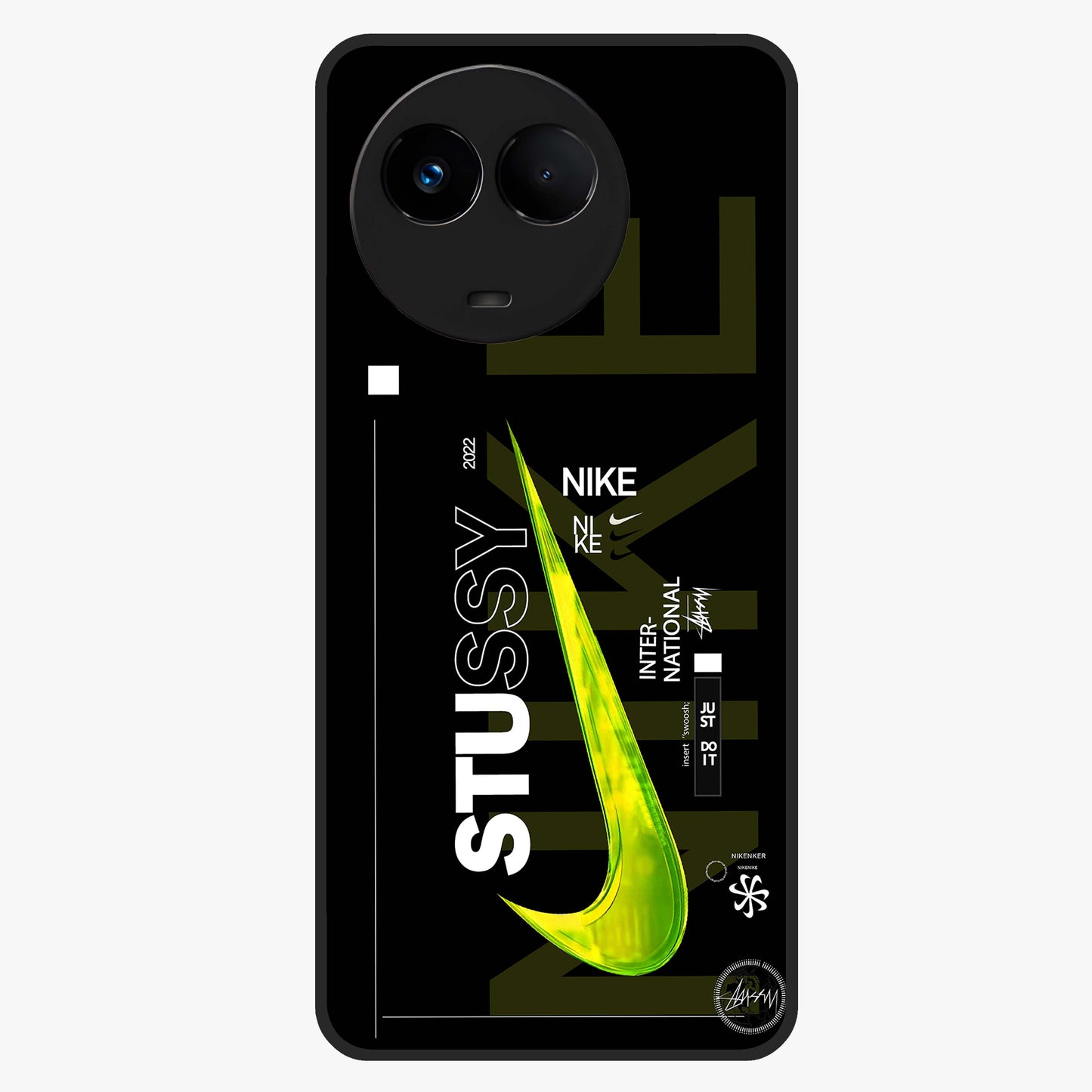 Neon Street Edition Glass Case showing flat back view with neon street style artwork and glossy glass finish.