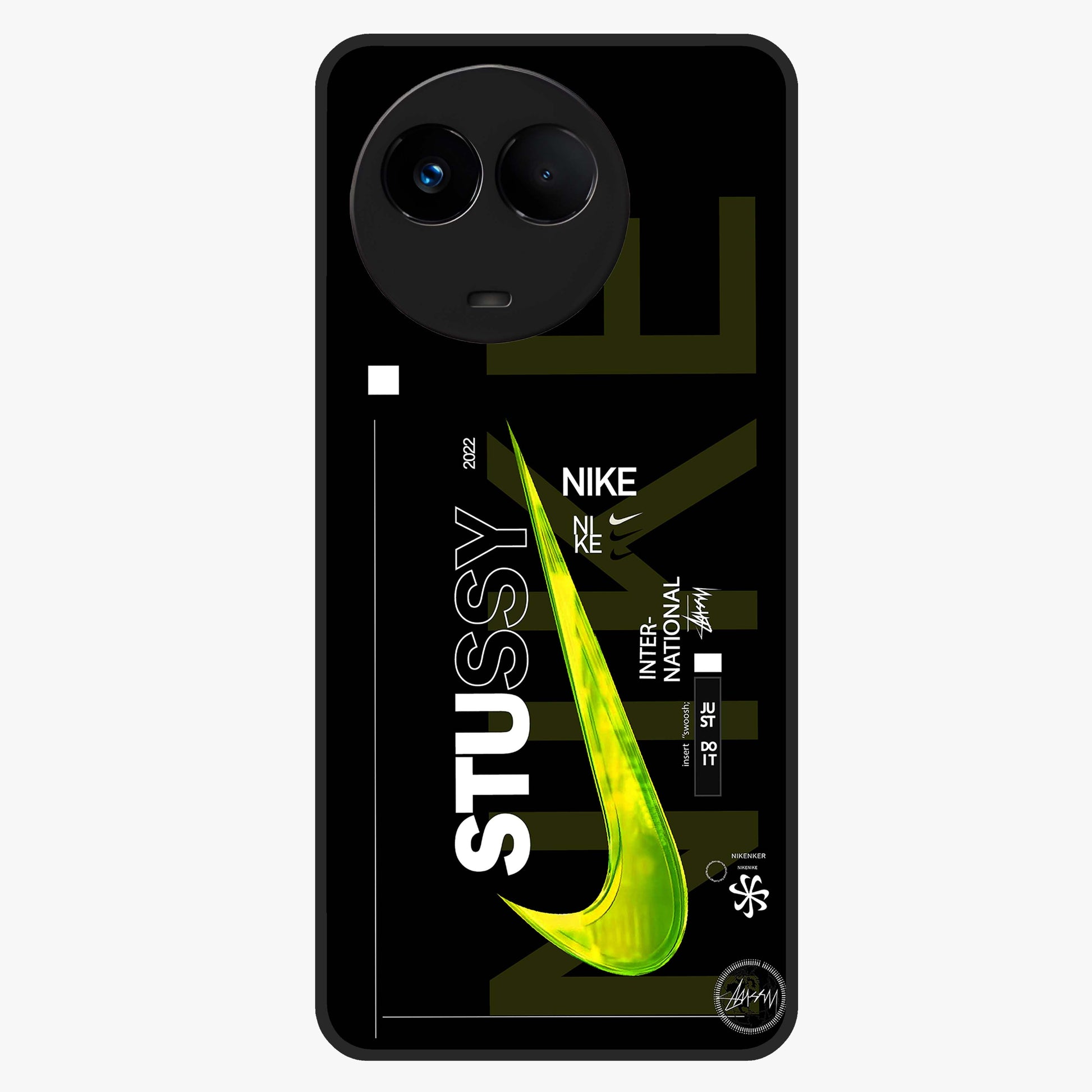 Neon Street Edition Glass Case showing flat back view with neon street style artwork and glossy glass finish.