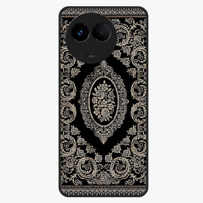 Noir Bloom Elegance Glass Case showing flat back view with elegant dark floral artwork and glossy glass finish.