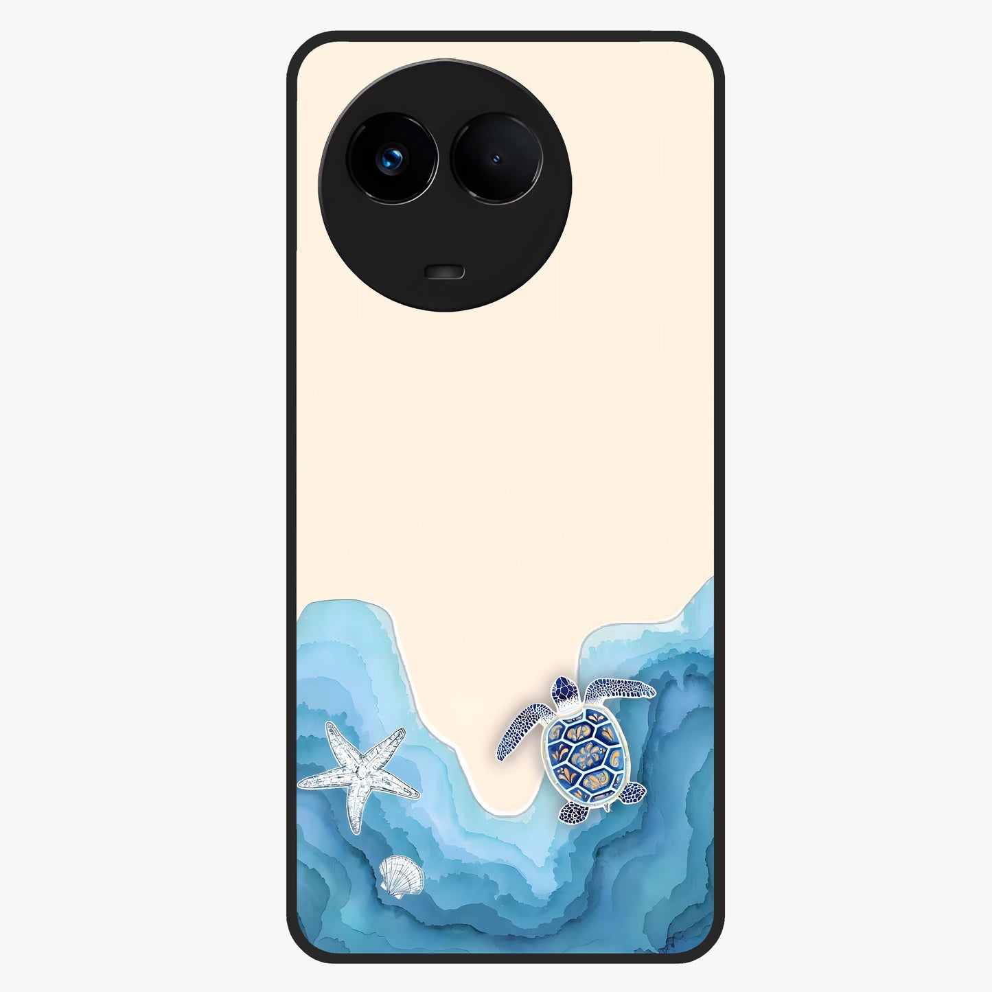 Ocean Drift Turtle Glass Case showing flat back view with sea turtle artwork and glossy glass finish.