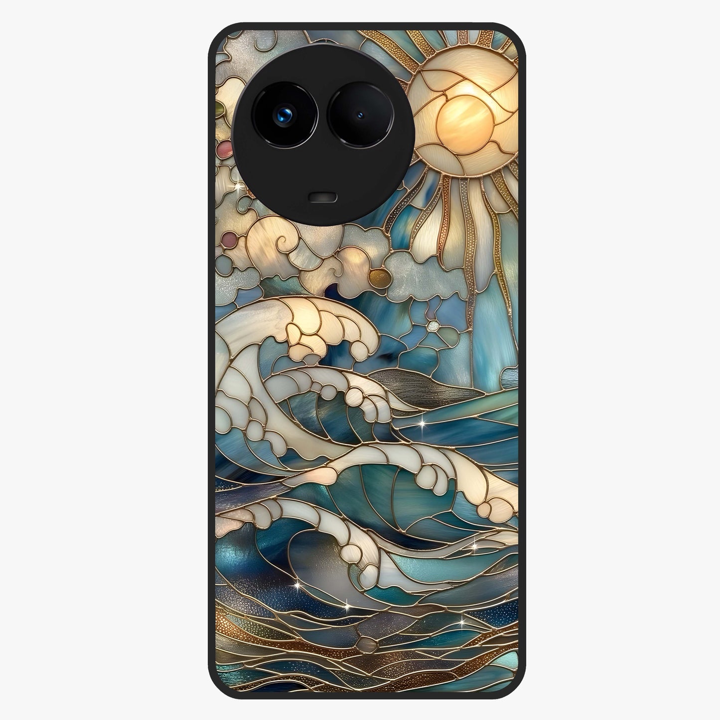 Oceanic Stained Printed Glass Case showing flat back view with ocean inspired stained pattern artwork and glossy glass finish.