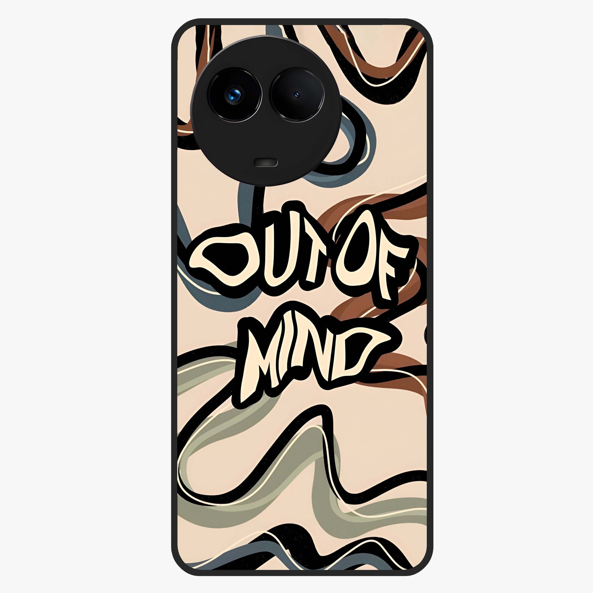 Out Of Mind Glass Case showing flat back view with expressive typography artwork and glossy glass finish.