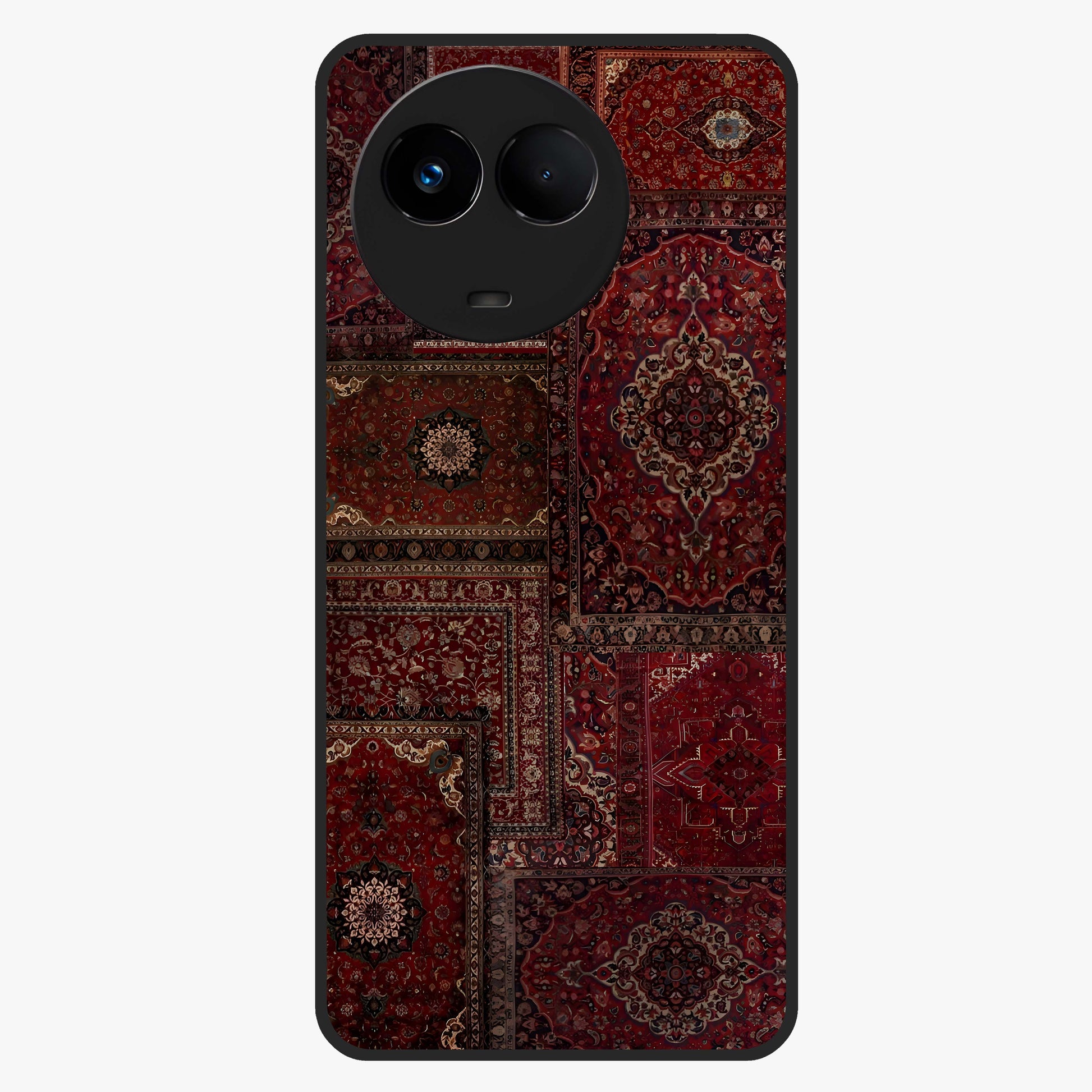 Persian Velvet Tale Glass Case showing flat back view with luxurious Persian velvet pattern artwork and glossy glass finish.