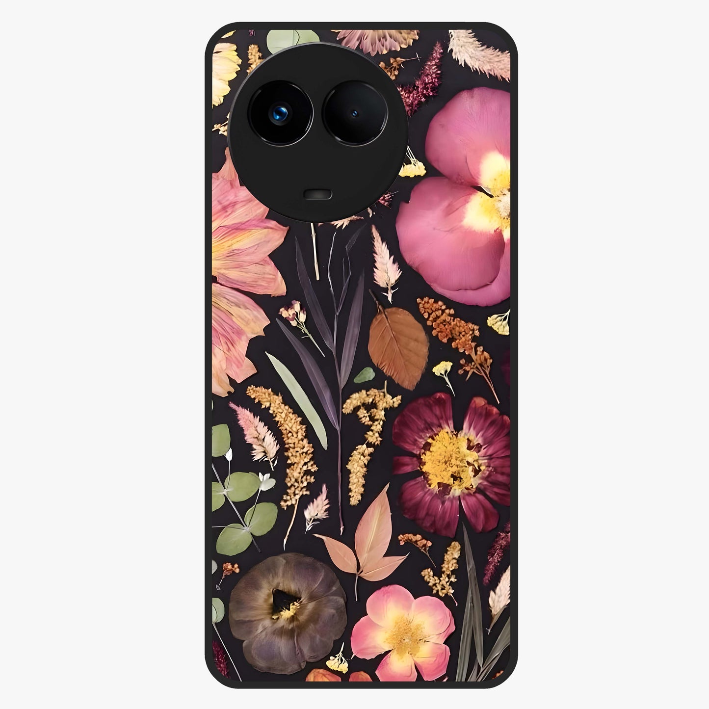 Petal Dream Tapestry Glass Case showing flat back view with intricate floral tapestry artwork and glossy glass finish.