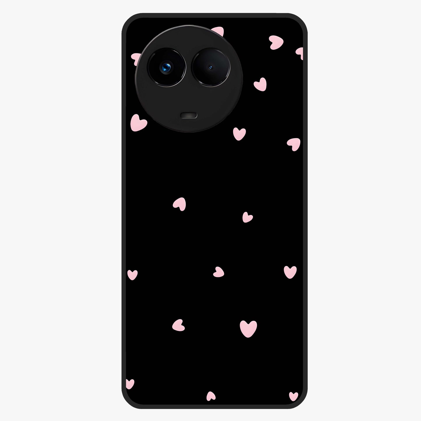 Pink Love Drops Glass Case showing flat back view with playful pink heart drops artwork and glossy glass finish.