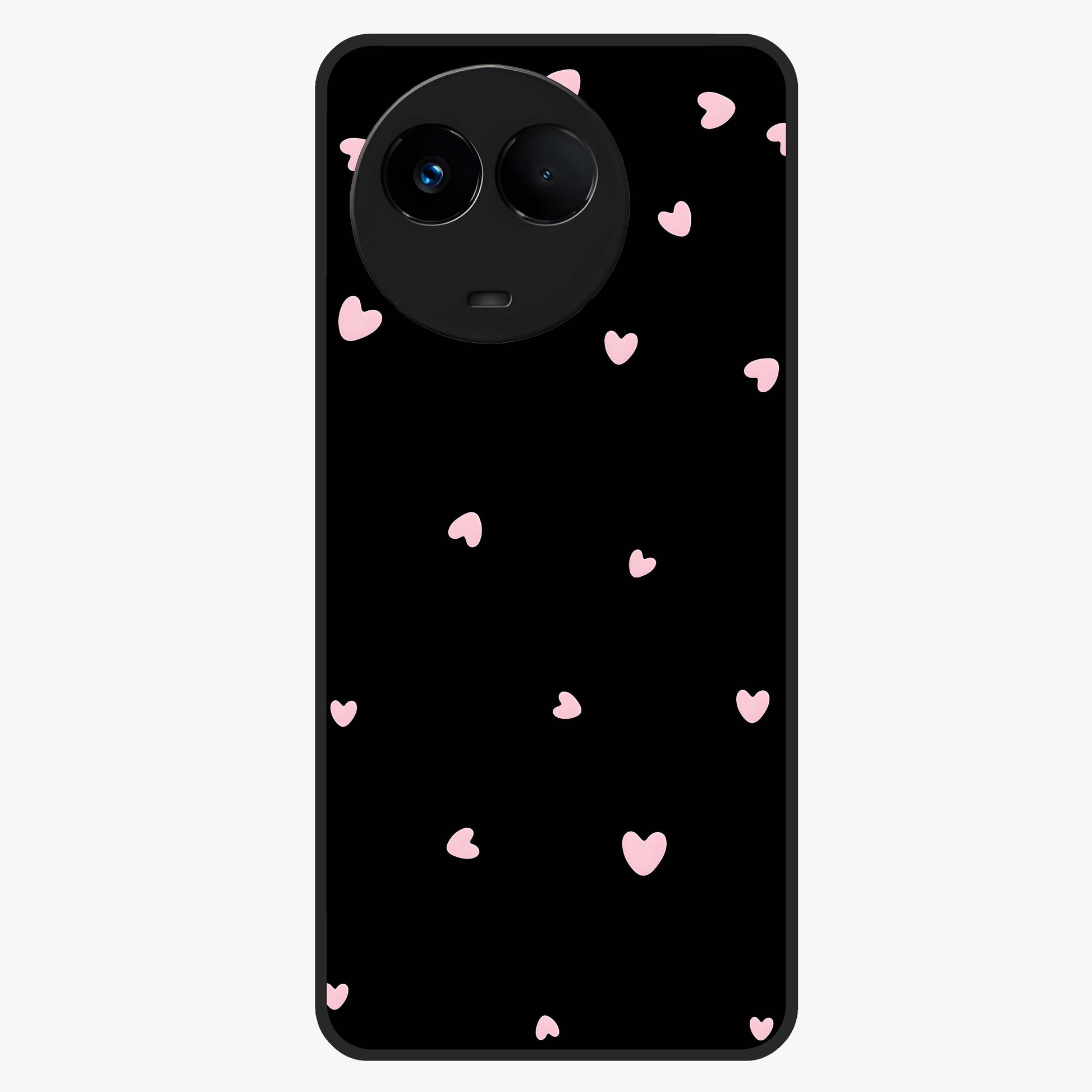 Pink Love Drops Glass Case showing flat back view with playful pink heart drops artwork and glossy glass finish.