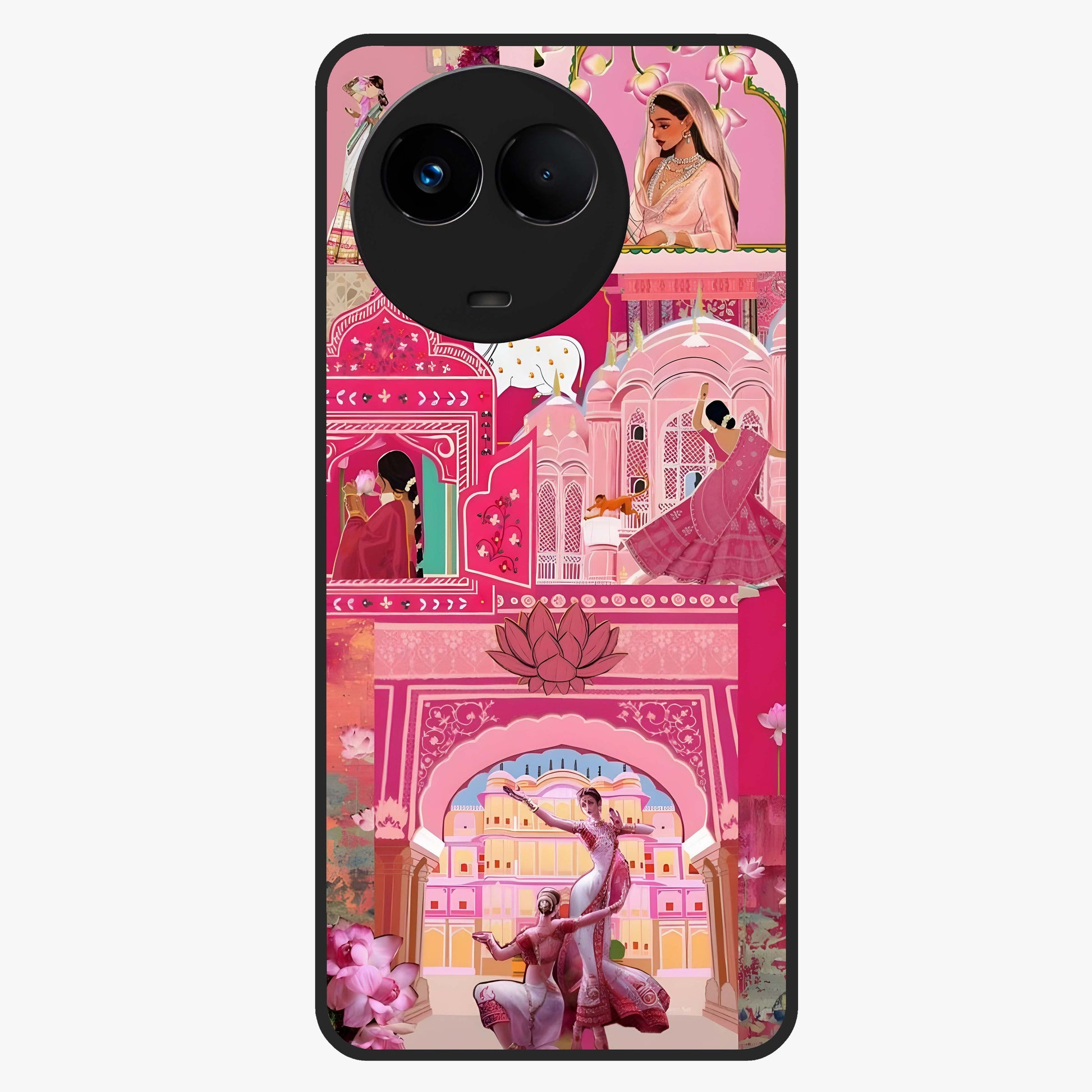 Pink Palace Muse Glass Case showing flat back view with elegant palace inspired artwork and glossy glass finish.