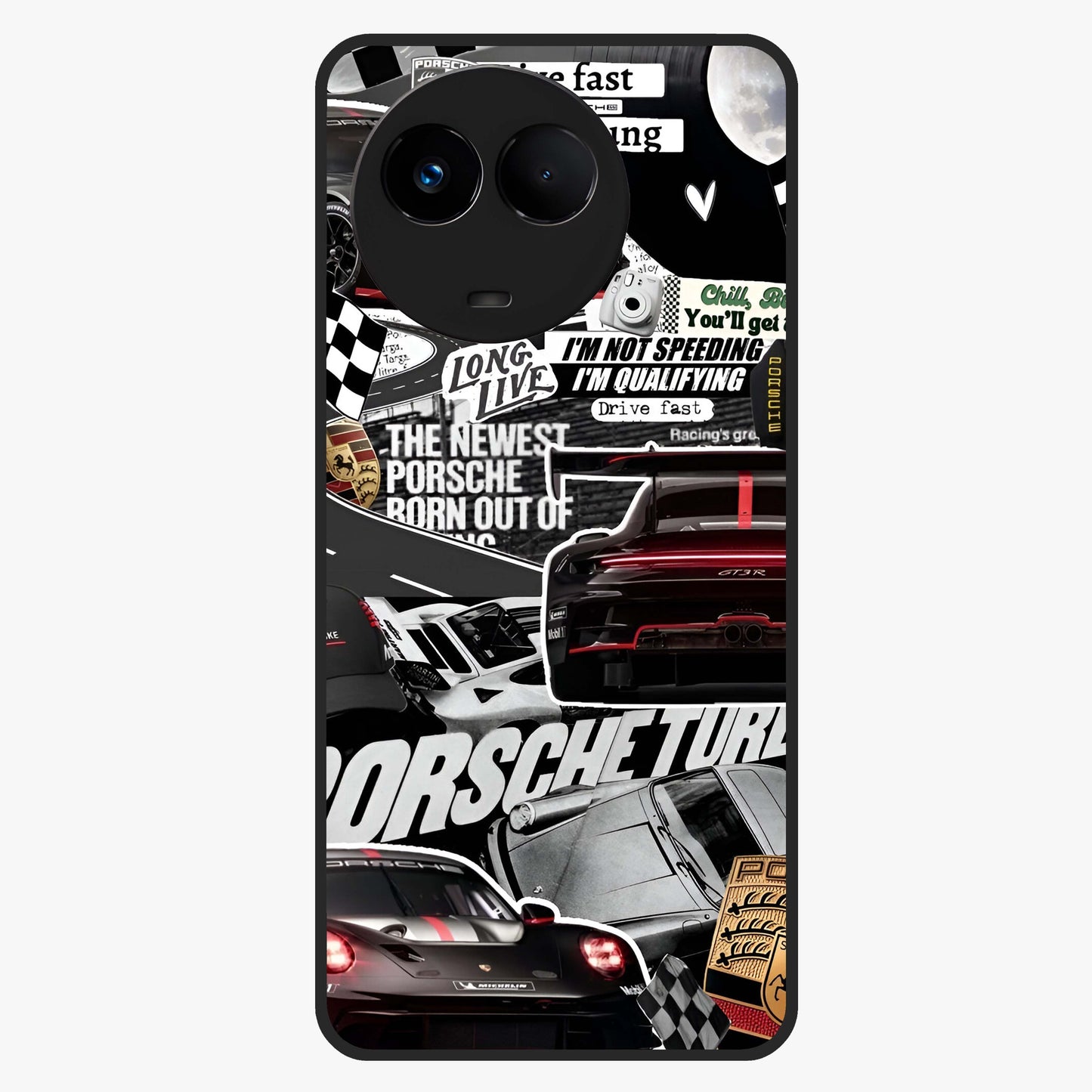 Porsche Racing Collage Glass Case showing flat back view with sports car racing collage artwork and glossy glass finish.