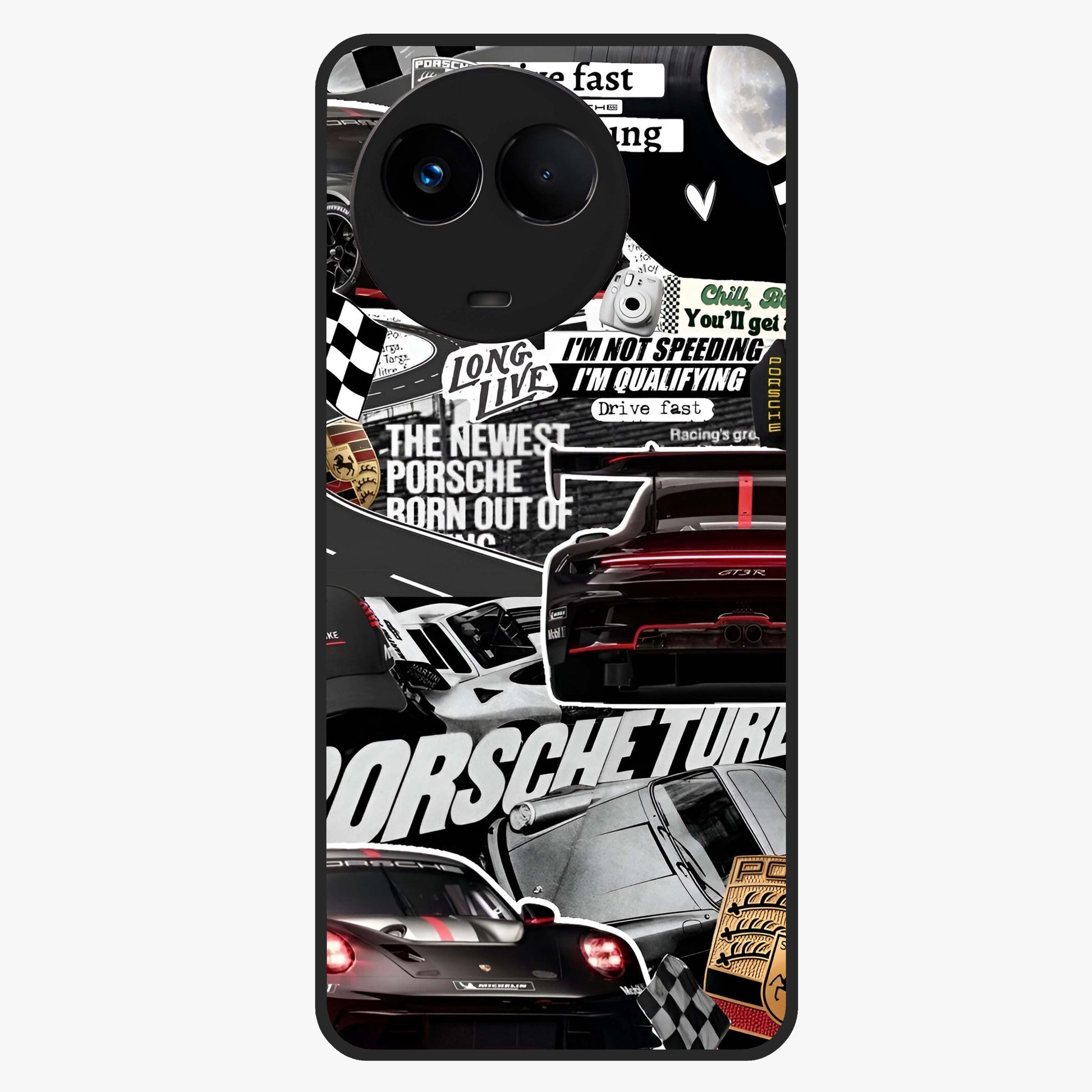 Porsche Racing Collage Glass Case showing flat back view with sports car racing collage artwork and glossy glass finish.