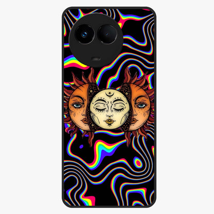 Psychedelic Sun Glass Case showing flat back view with colorful psychedelic sun artwork and glossy glass finish.