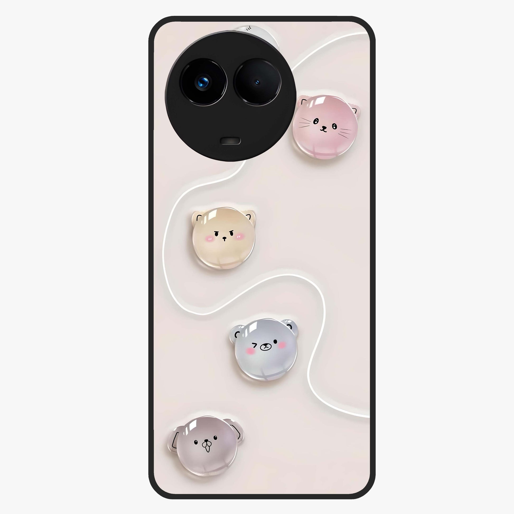 Puffy Face Parade Glass Case showing flat back view with cute puffy character faces artwork and glossy glass finish.