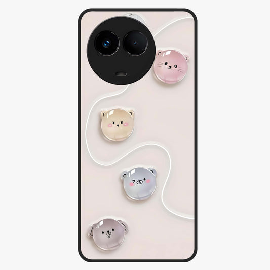 Puffy Face Parade Glass Case showing flat back view with cute puffy character faces artwork and glossy glass finish.