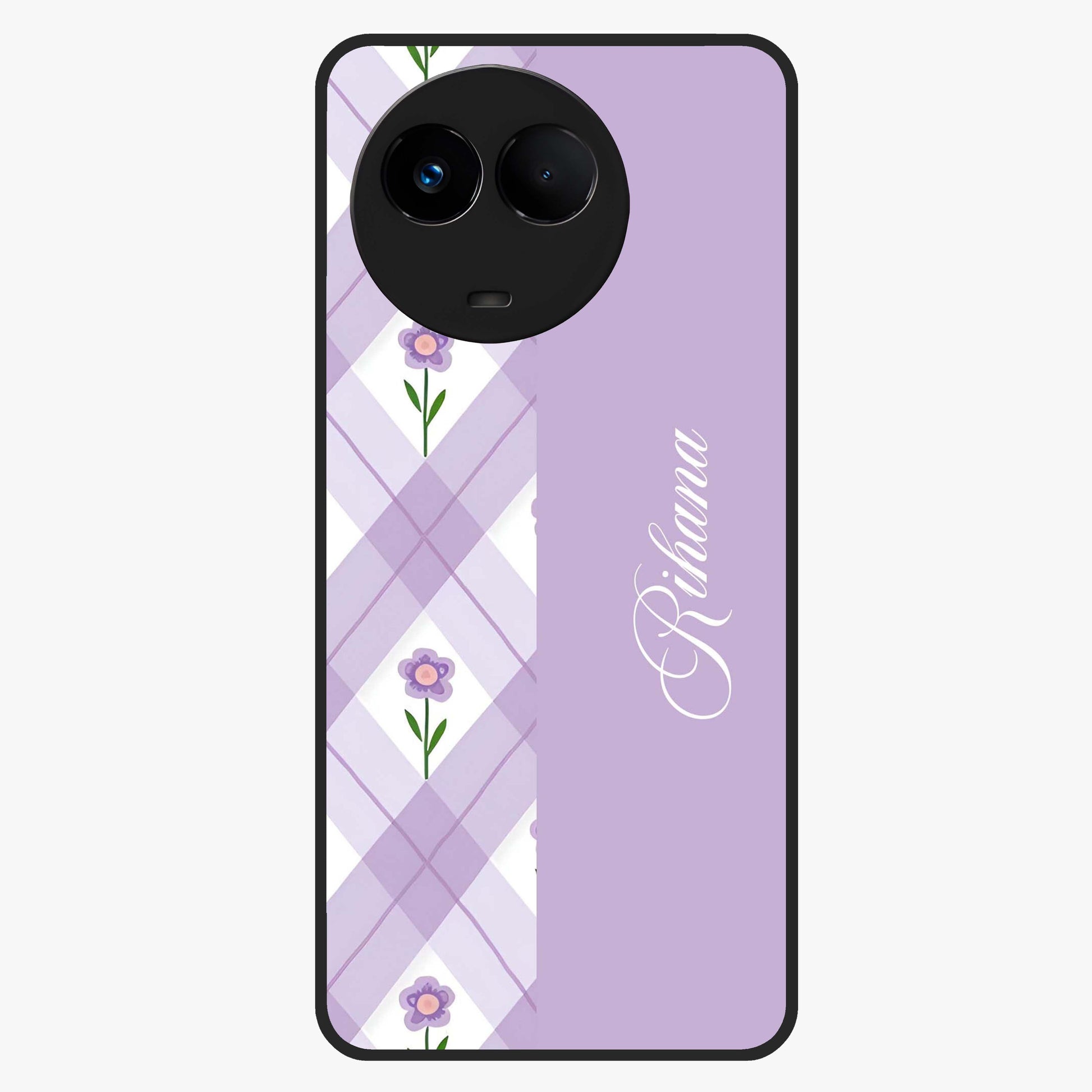 Purple Diamond Floral Glass Case showing flat back view with diamond shaped floral artwork and glossy glass finish.