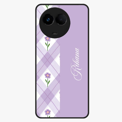 Purple Diamond Floral Glass Case showing flat back view with diamond shaped floral artwork and glossy glass finish.