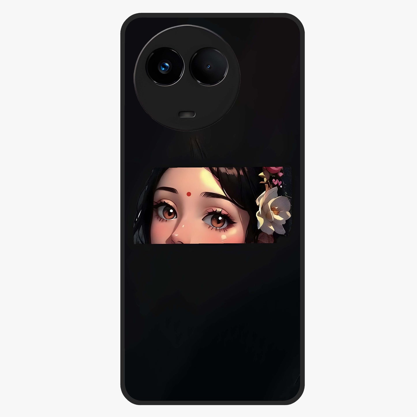 Radha Divine Embrace Glass Case showing flat back view with devotional Radha artwork and glossy glass finish.