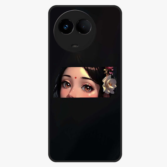 Radha Divine Embrace Glass Case showing flat back view with devotional Radha artwork and glossy glass finish.